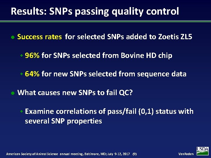 Results: SNPs passing quality control l l Success rates for selected SNPs added to