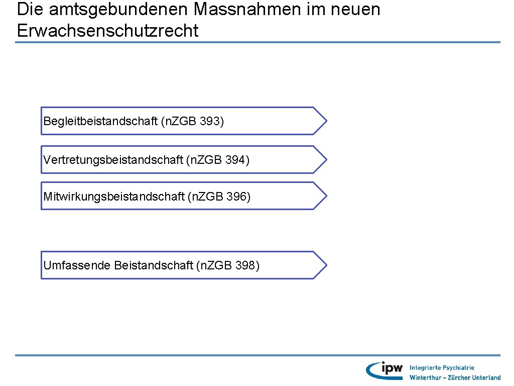 Die amtsgebundenen Massnahmen im neuen Erwachsenschutzrecht Begleitbeistandschaft (n. ZGB 393) Vertretungsbeistandschaft (n. ZGB 394)