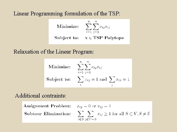 Linear Programming formulation of the TSP: Relaxation of the Linear Program: Additional contraints: 