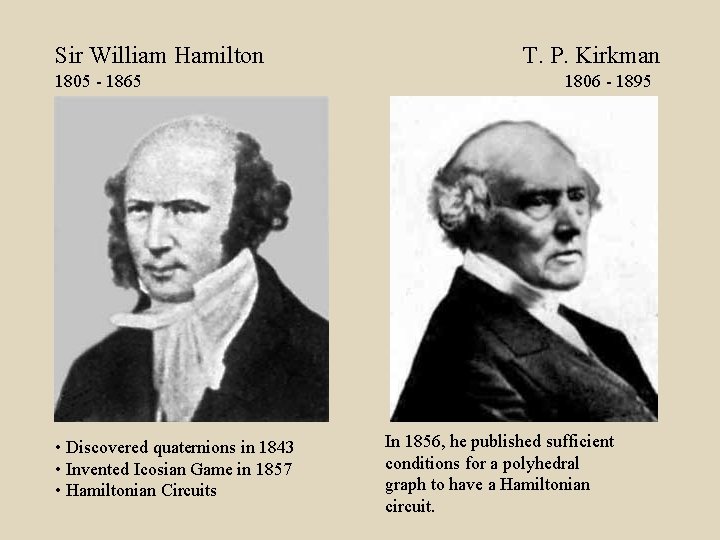 Sir William Hamilton 1805 - 1865 • Discovered quaternions in 1843 • Invented Icosian