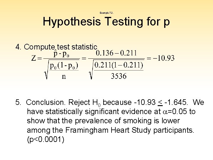 Example 7. 2. Hypothesis Testing for p 4. Compute test statistic 5. Conclusion. Reject