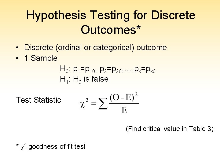 Hypothesis Testing for Discrete Outcomes* • Discrete (ordinal or categorical) outcome • 1 Sample