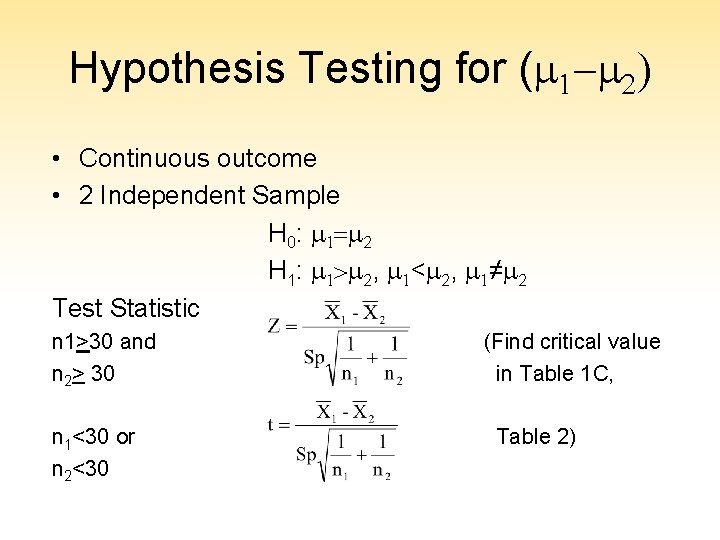 Hypothesis Testing for (m 1 -m 2) • Continuous outcome • 2 Independent Sample