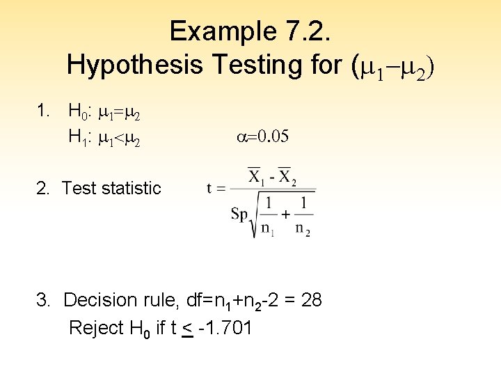 Example 7. 2. Hypothesis Testing for (m 1 -m 2) 1. H 0: m