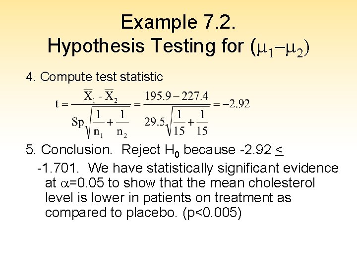 Example 7. 2. Hypothesis Testing for (m 1 -m 2) 4. Compute test statistic