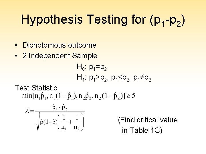 Hypothesis Testing for (p 1 -p 2) • Dichotomous outcome • 2 Independent Sample