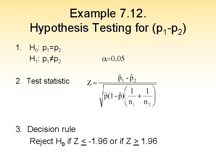 Example 7. 12. Hypothesis Testing for (p 1 -p 2) 1. H 0: p