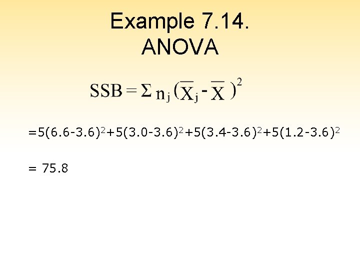 Example 7. 14. ANOVA =5(6. 6 -3. 6)2+5(3. 0 -3. 6)2+5(3. 4 -3. 6)2+5(1.