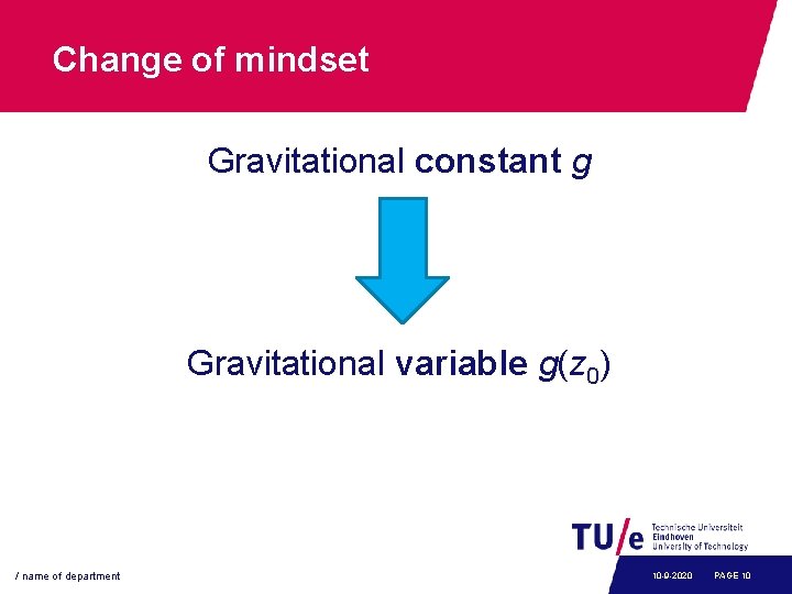 Change of mindset Gravitational constant g Gravitational variable g(z 0) / name of department