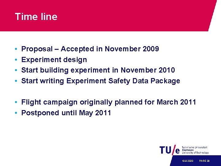 Time line • • Proposal – Accepted in November 2009 Experiment design Start building