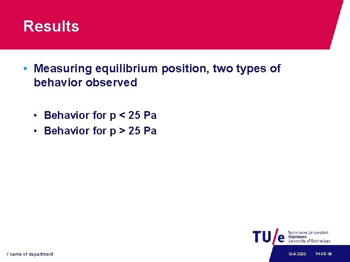 Results • Measuring equilibrium position, two types of behavior observed • Behavior for p