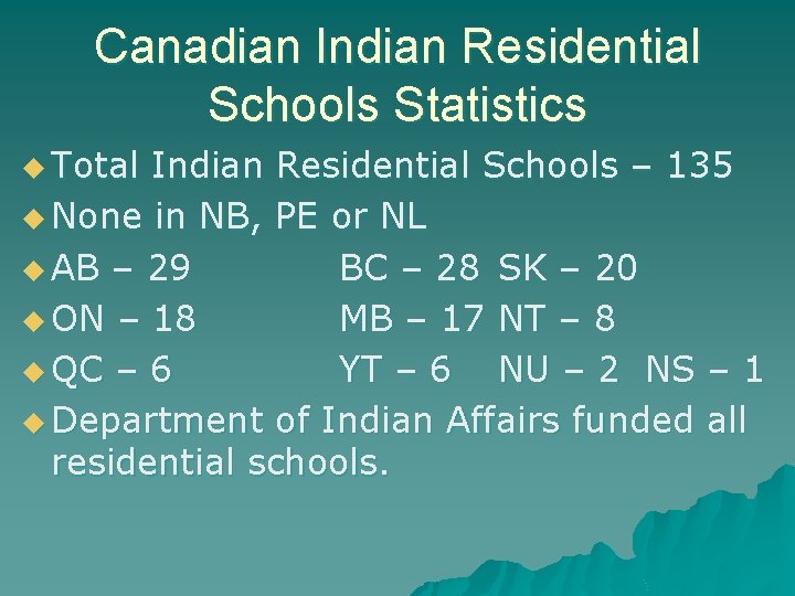 Canadian Indian Residential Schools Statistics u Total Indian Residential Schools – 135 u None