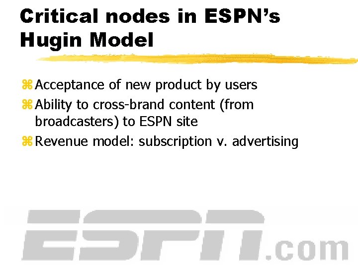 Critical nodes in ESPN’s Hugin Model z Acceptance of new product by users z