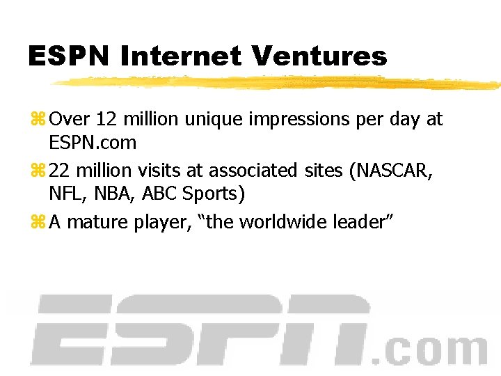 ESPN Internet Ventures z Over 12 million unique impressions per day at ESPN. com