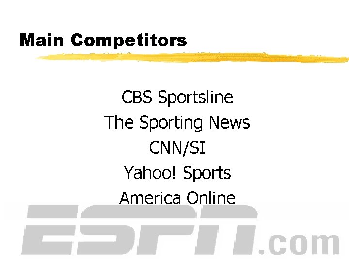 Main Competitors CBS Sportsline The Sporting News CNN/SI Yahoo! Sports America Online 