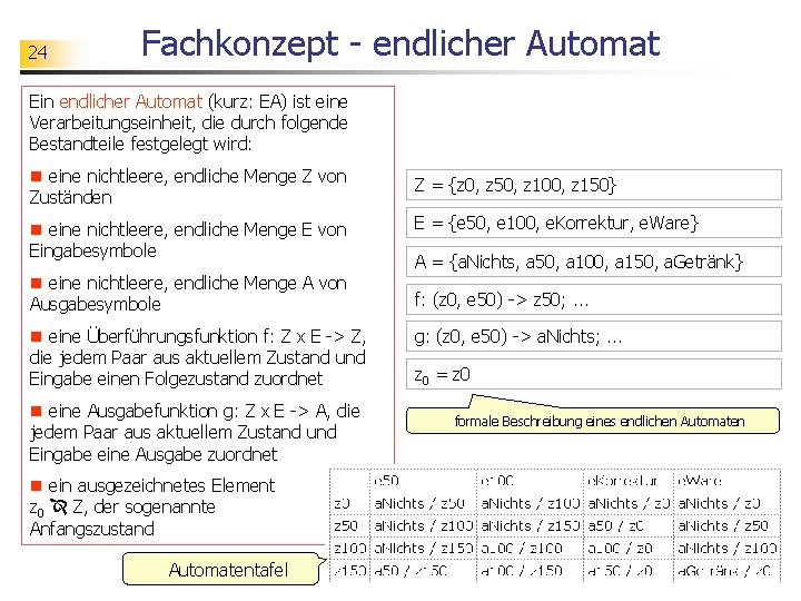 24 Fachkonzept - endlicher Automat Ein endlicher Automat (kurz: EA) ist eine Verarbeitungseinheit, die