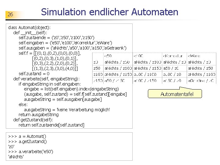 26 Simulation endlicher Automaten class Automat(object): def __init__(self): self. zustaende = ('z 0', 'z