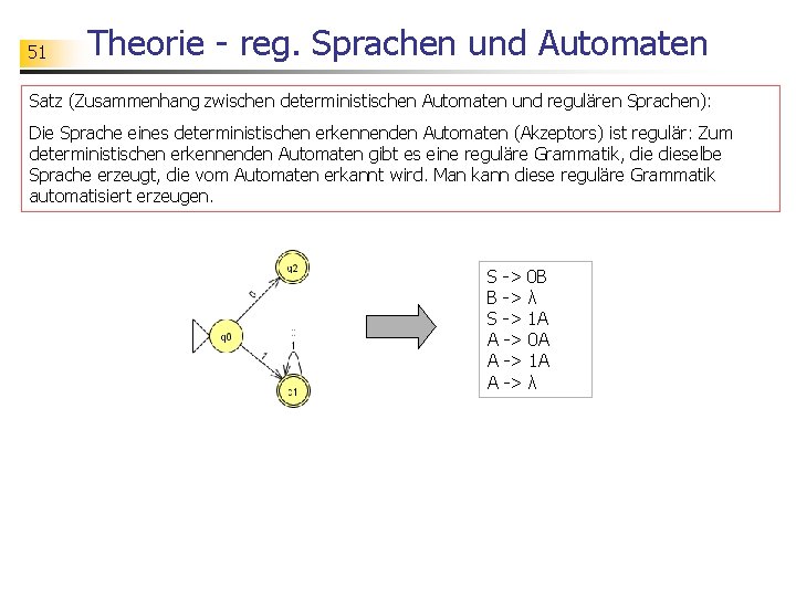 51 Theorie - reg. Sprachen und Automaten Satz (Zusammenhang zwischen deterministischen Automaten und regulären