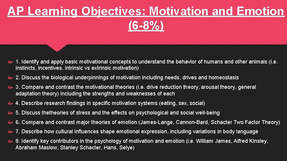 AP Learning Objectives: Motivation and Emotion (6 -8%) 1. Identify and apply basic motivational