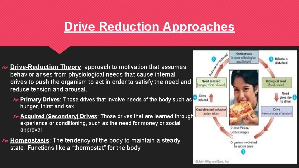 Drive Reduction Approaches Drive-Reduction Theory: approach to motivation that assumes behavior arises from physiological
