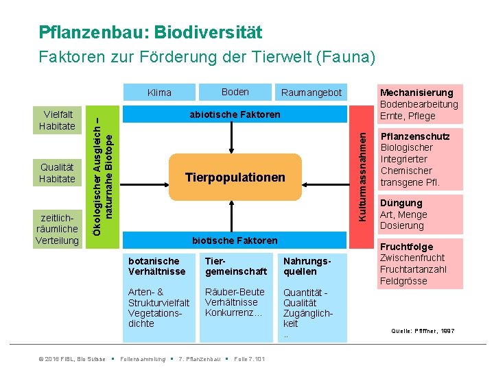 Pflanzenbau: Biodiversität Faktoren zur Förderung der Tierwelt (Fauna) Boden Qualität Habitate zeitlich- räumliche Verteilung