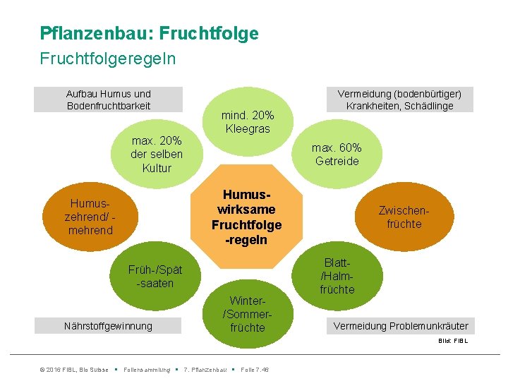 Pflanzenbau: Fruchtfolgeregeln Aufbau Humus und Bodenfruchtbarkeit max. 20% der selben Kultur mind. 20% Kleegras