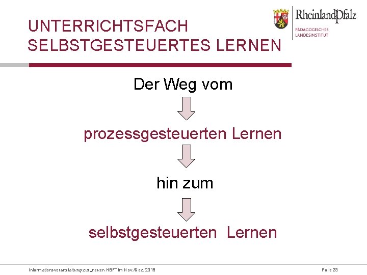 UNTERRICHTSFACH SELBSTGESTEUERTES LERNEN Der Weg vom prozessgesteuerten Lernen hin zum selbstgesteuerten Lernen Informationsveranstaltung zur