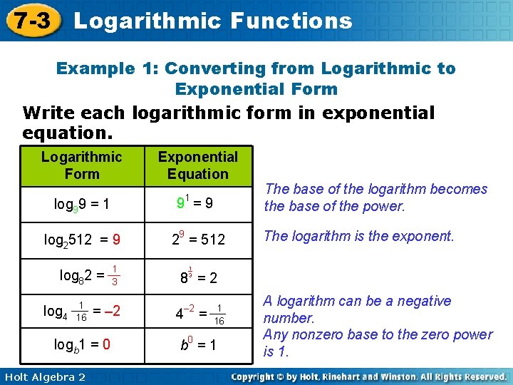 7 -3 Logarithmic Functions Example 1: Converting from Logarithmic to Exponential Form Write each