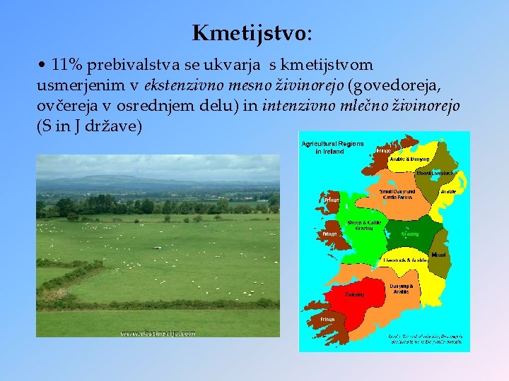 Kmetijstvo: • 11% prebivalstva se ukvarja s kmetijstvom usmerjenim v ekstenzivno mesno živinorejo (govedoreja,