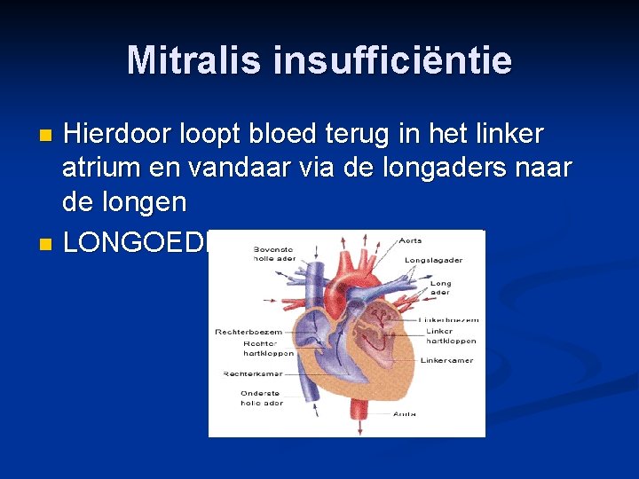 Mitralis insufficiëntie Hierdoor loopt bloed terug in het linker atrium en vandaar via de