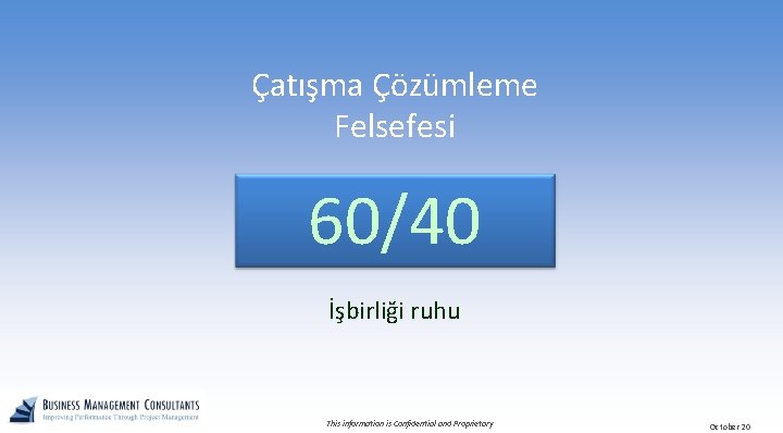 Çatışma Çözümleme Felsefesi 60/40 İşbirliği ruhu This information is Confidential and Proprietary October 20