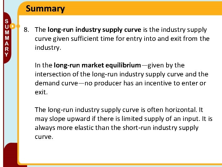 Summary 8. The long-run industry supply curve is the industry supply curve given sufficient