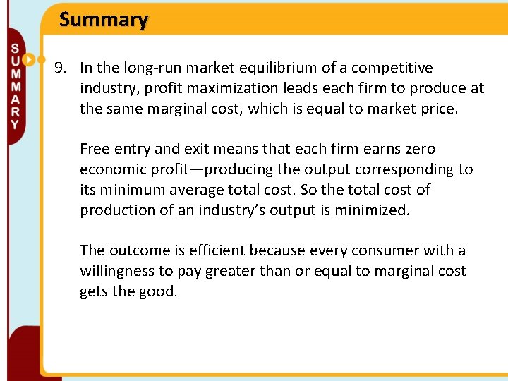Summary 9. In the long-run market equilibrium of a competitive industry, profit maximization leads