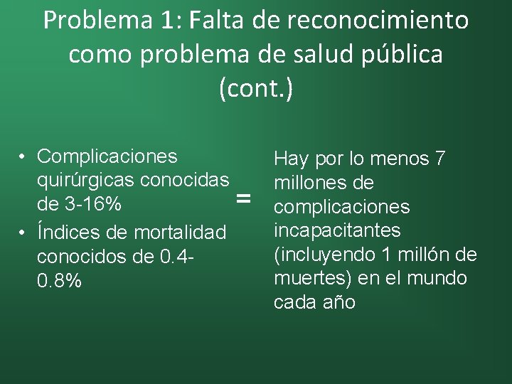 Problema 1: Falta de reconocimiento como problema de salud pública (cont. ) • Complicaciones