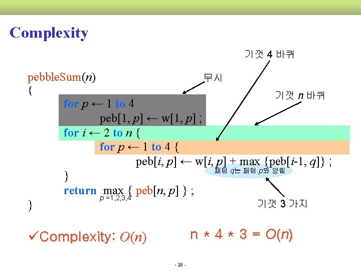 Complexity pebble. Sum(n) 기껏 4 바퀴 무시 { 기껏 n 바퀴 for p ←