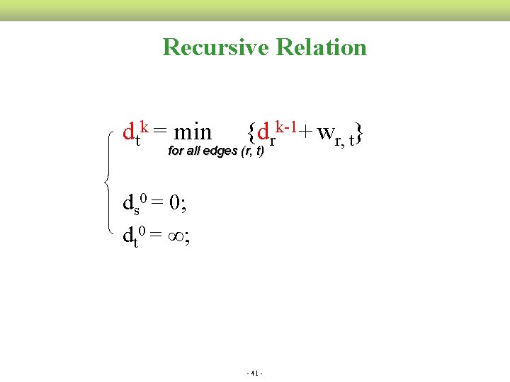 Recursive Relation dtk = min {drk-1+ wr, t} for all edges (r, t) ds