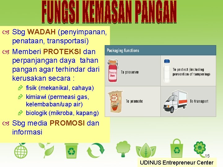  Sbg WADAH (penyimpanan, penataan, transportasi) Memberi PROTEKSI dan perpanjangan daya tahan pangan agar