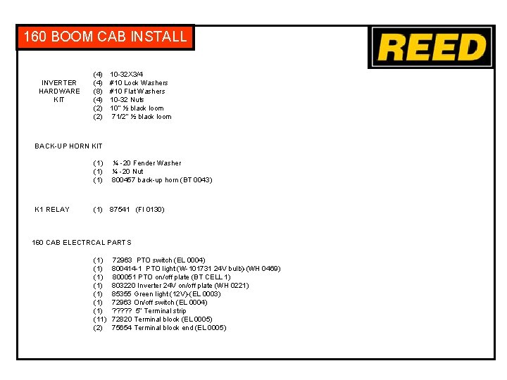 160 BOOM CAB INSTALL INVERTER HARDWARE KIT (4) (8) (4) (2) 10 -32 X