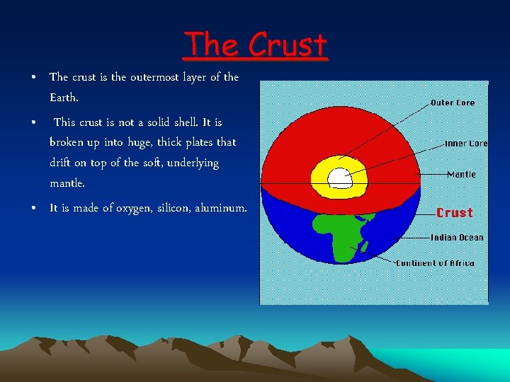 The Crust • The crust is the outermost layer of the Earth. • This