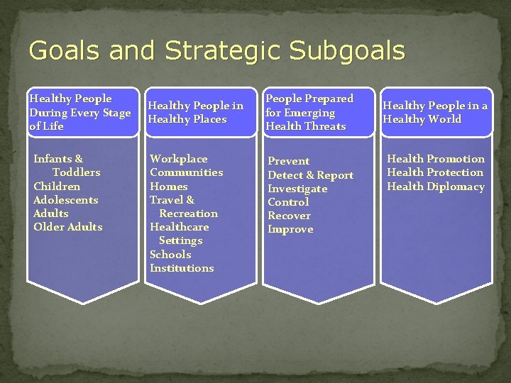 Goals and Strategic Subgoals Healthy People During Every Stage of Life Infants & Toddlers