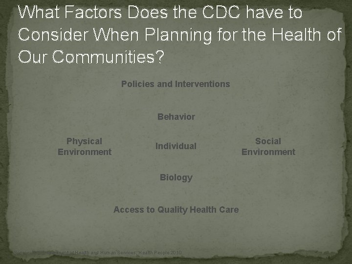 What Factors Does the CDC have to Consider When Planning for the Health of