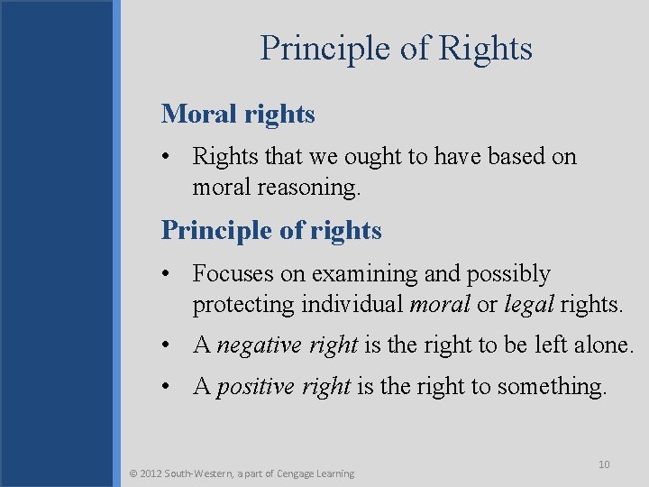 Principle of Rights Moral rights • Rights that we ought to have based on