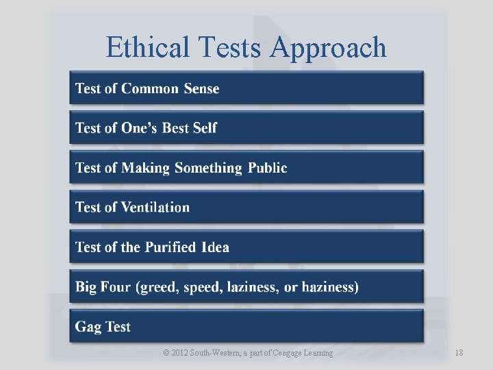 Ethical Tests Approach © 2012 South-Western, a part of Cengage Learning 18 