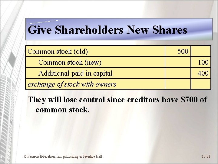 Give Shareholders New Shares Common stock (old) Common stock (new) Additional paid in capital