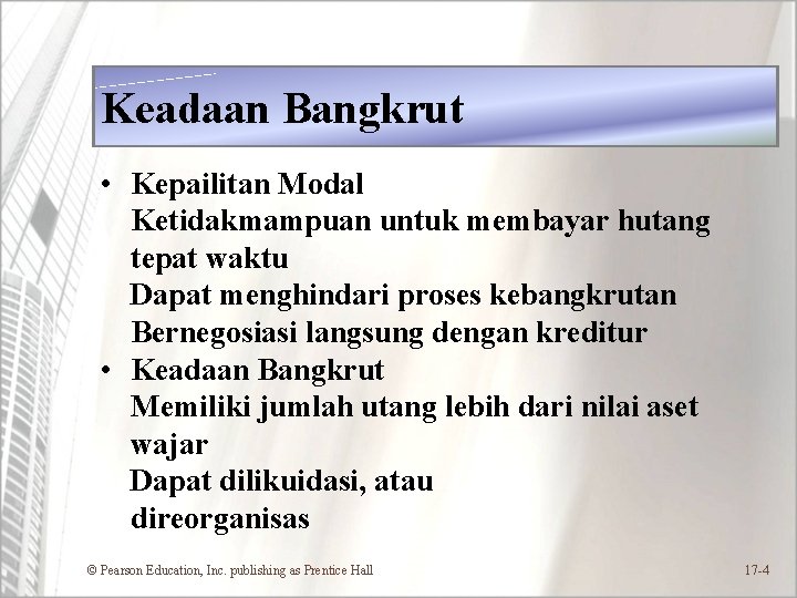 Keadaan Bangkrut • Kepailitan Modal Ketidakmampuan untuk membayar hutang tepat waktu Dapat menghindari proses