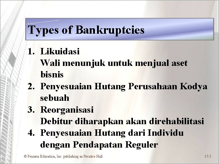 Types of Bankruptcies 1. Likuidasi Wali menunjuk untuk menjual aset bisnis 2. Penyesuaian Hutang