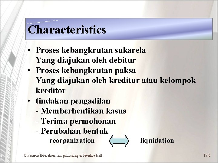Characteristics • Proses kebangkrutan sukarela Yang diajukan oleh debitur • Proses kebangkrutan paksa Yang