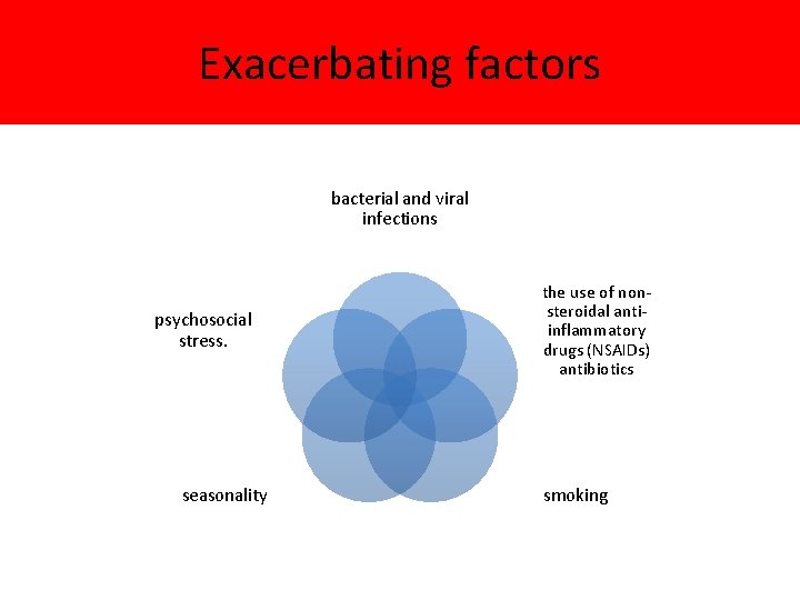 Exacerbating factors bacterial and viral infections psychosocial stress. seasonality the use of nonsteroidal antiinflammatory