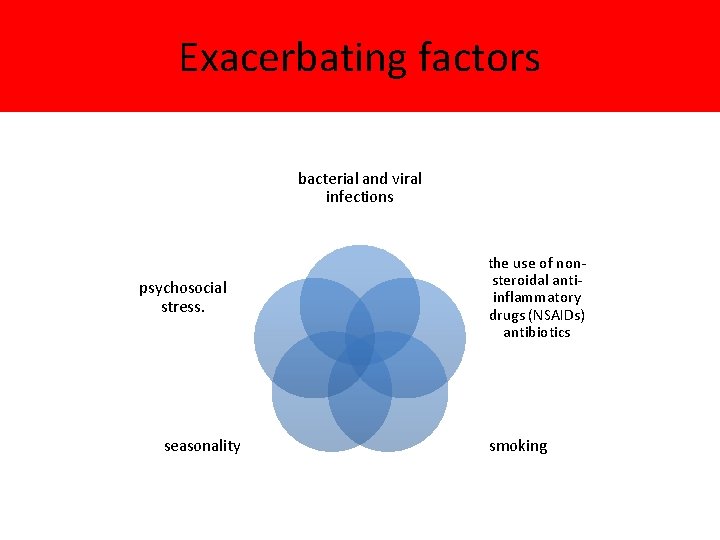 Exacerbating factors bacterial and viral infections psychosocial stress. seasonality the use of nonsteroidal antiinflammatory Exacerbating factors bacterial and viral infections psychosocial stress. seasonality the use of nonsteroidal antiinflammatory
