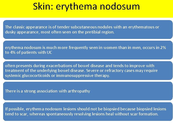 Skin: erythema nodosum The classic appearance is of tender subcutaneous nodules with an erythematous